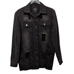 LOVE TREE Distressed Denim Black Long Jacket S
